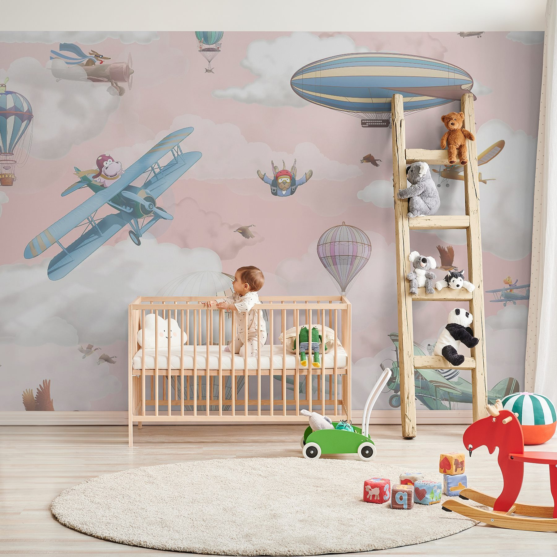 Wallpaper with airplanes and hot air balloons