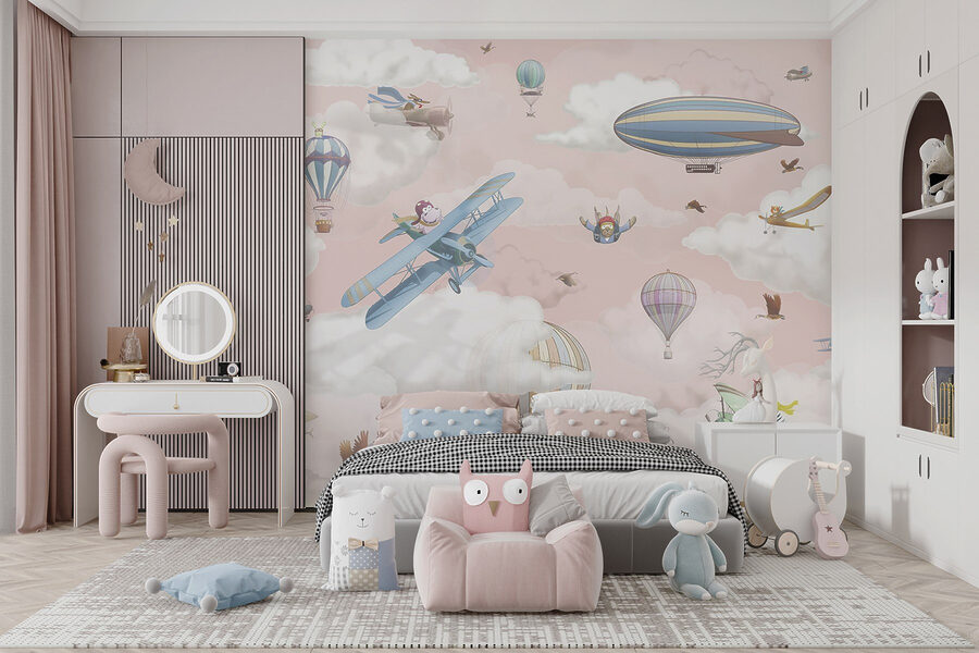 Wallpaper with airplanes and hot air balloons
