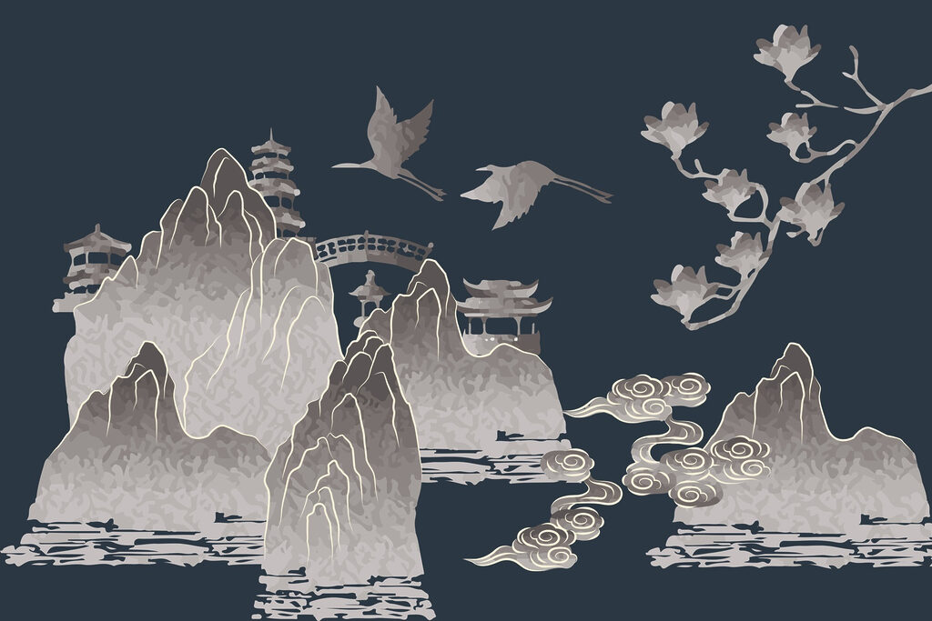 Painting of mountains and cranes