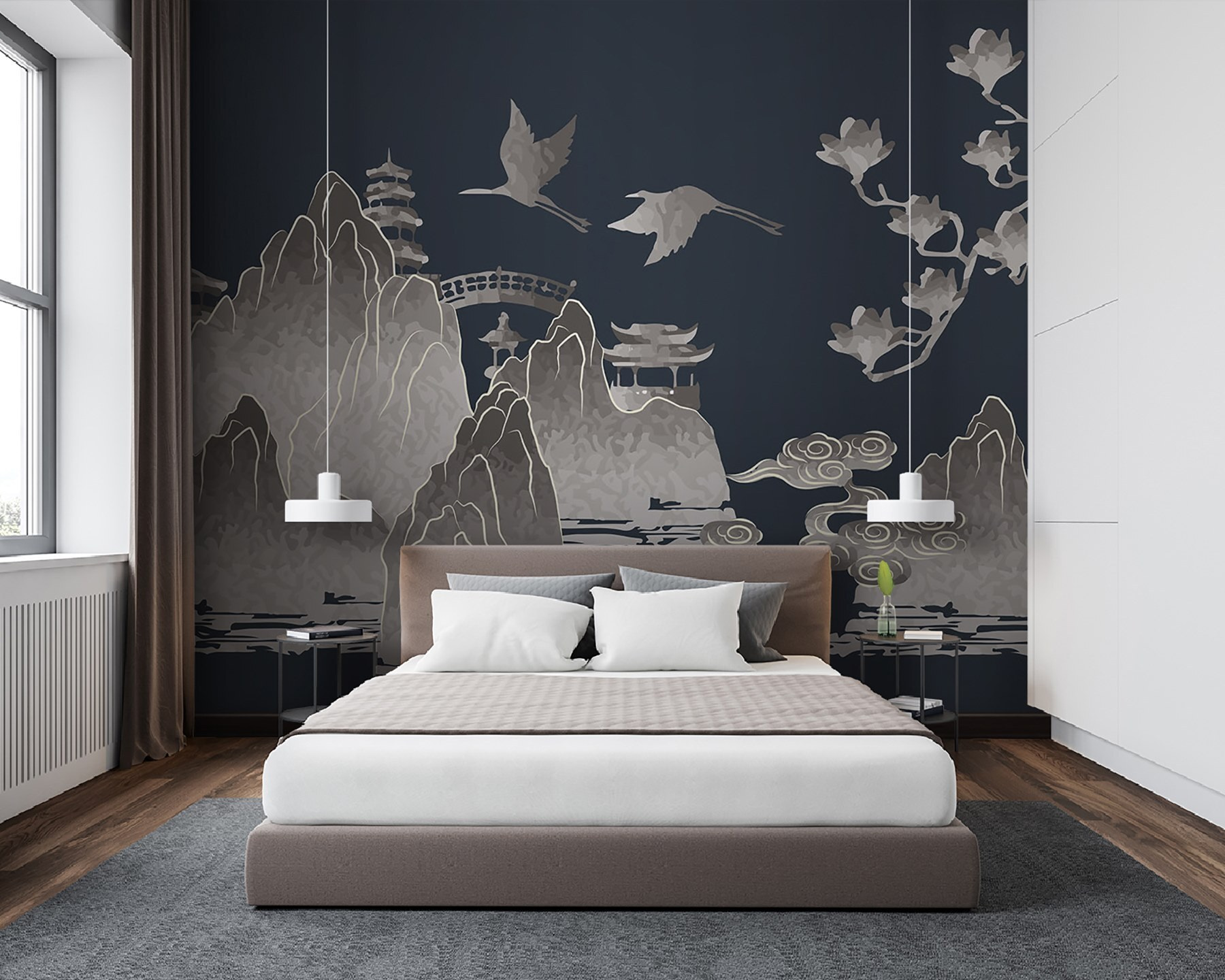 Painting of mountains and cranes