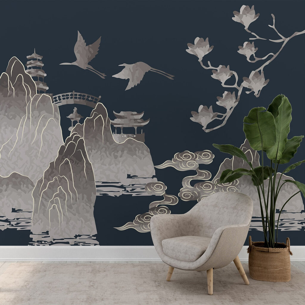 Painting of mountains and cranes