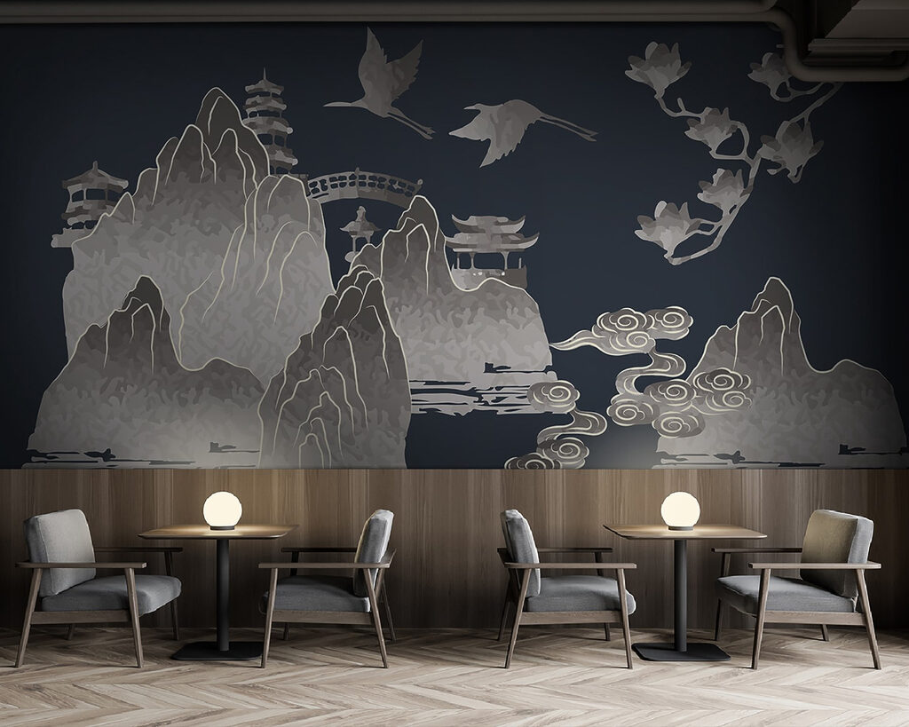 Painting of mountains and cranes