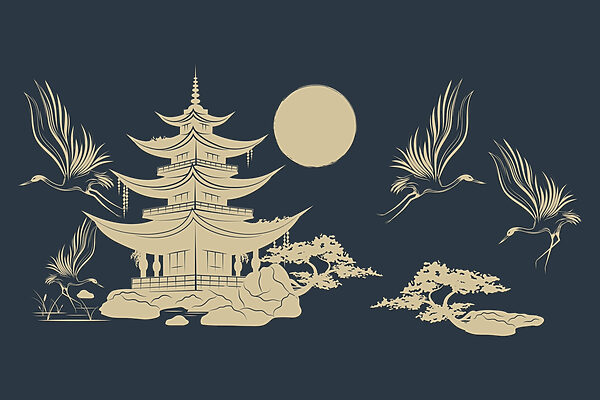 Drawing of a pagoda and cranes Drawing of a pagoda and cranes