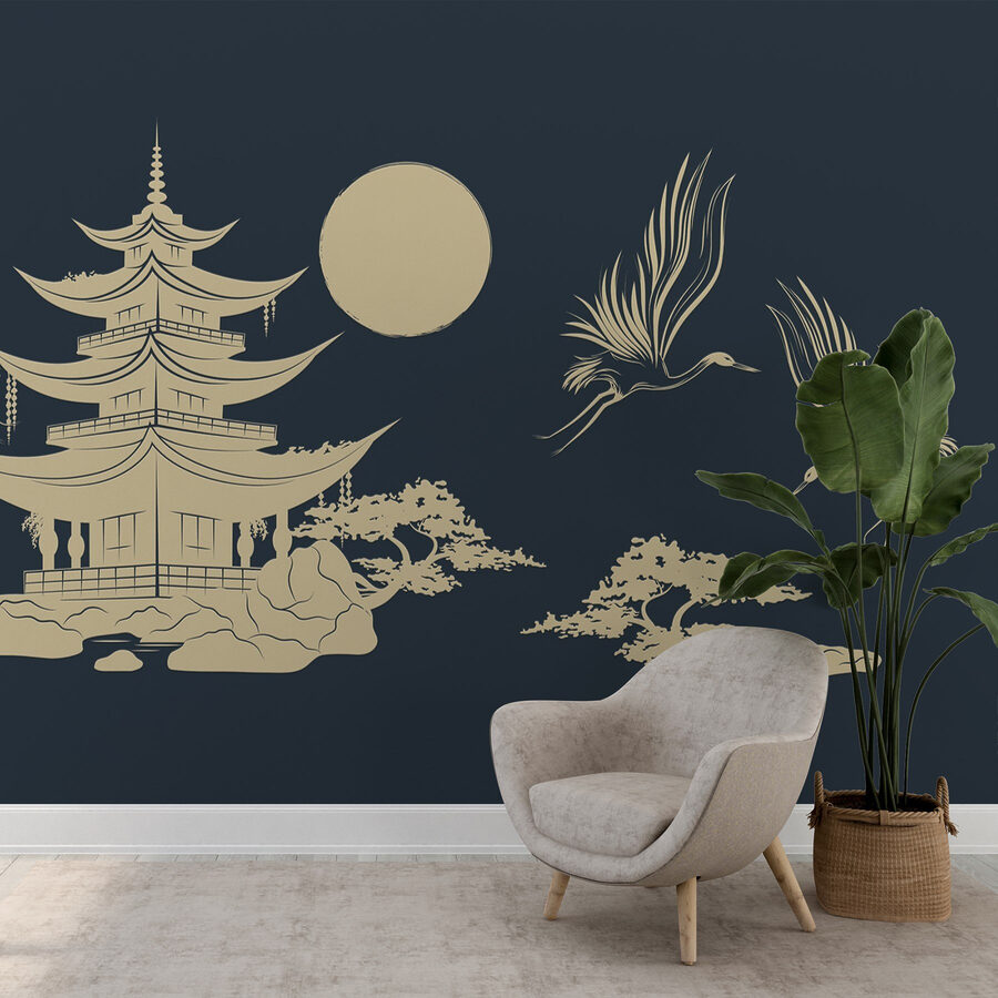 Drawing of a pagoda and cranes