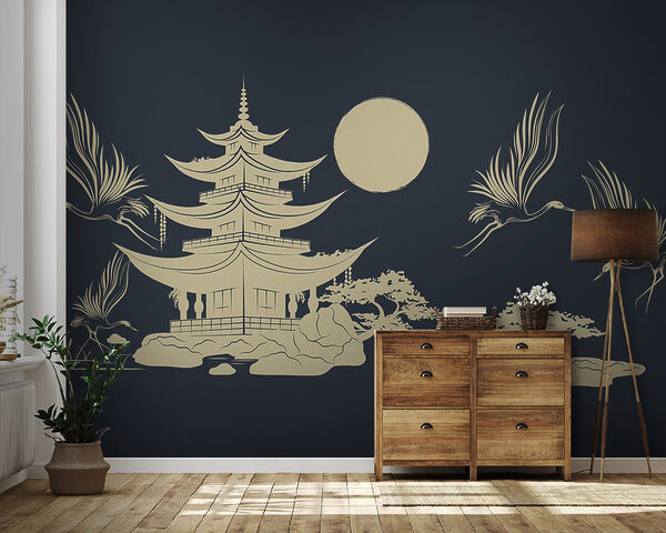 Drawing of a pagoda and cranes Drawing of a pagoda and cranes