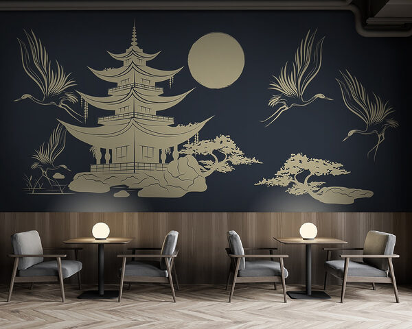 Drawing of a pagoda and cranes Drawing of a pagoda and cranes