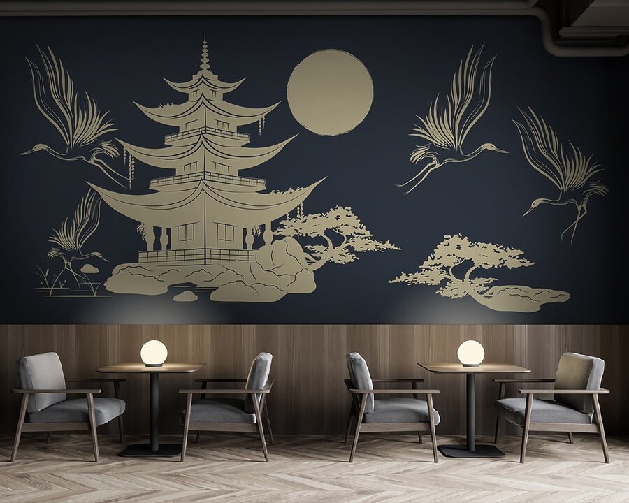 Drawing of a pagoda and cranes