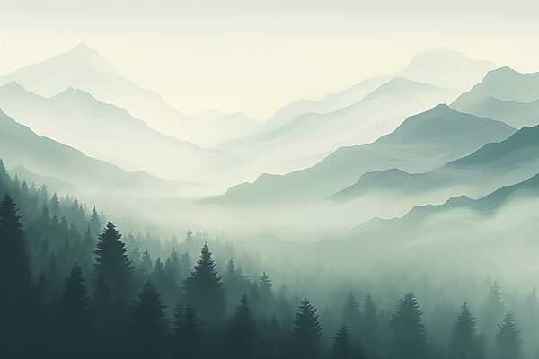 Foggy mountain landscape with trees w02186p 600x400 - Foggy mountain landscape with trees
