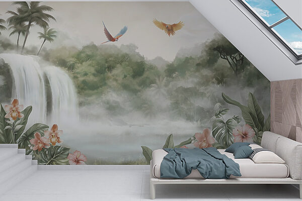 Waterfall with birds flying over it Waterfall with birds flying over it