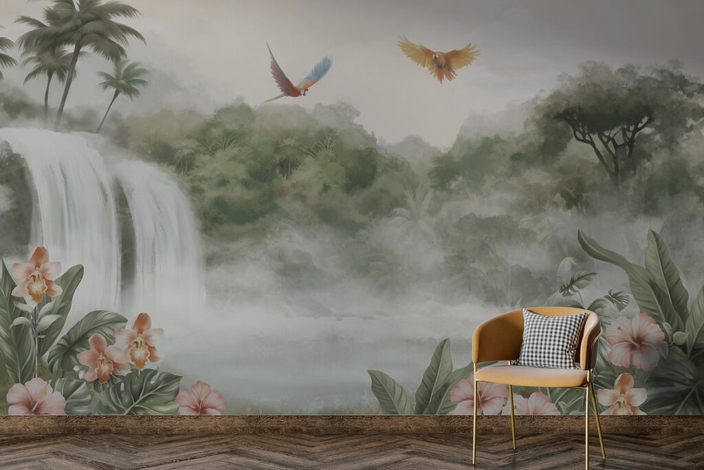 Waterfall with birds flying over it