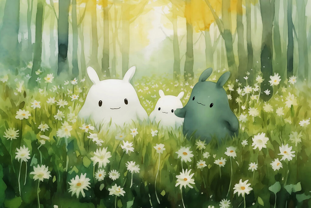 Group of cartoon characters in a field of flowers Group of cartoon characters in a field of flowers