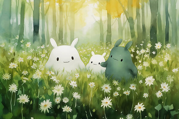 Group of cartoon characters in a field of flowers Group of cartoon characters in a field of flowers