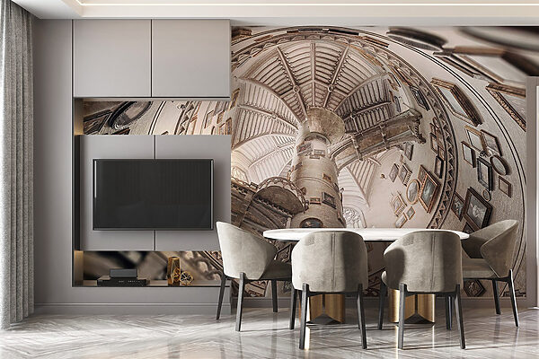Circular building with multiple staircases and pictures on the walls Circular building with multiple staircases and pictures on the walls