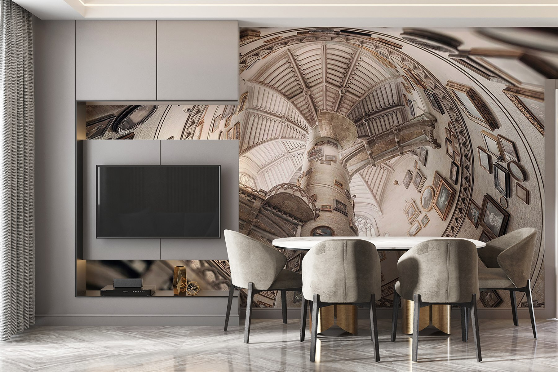 Circular building with multiple staircases and pictures on the walls
