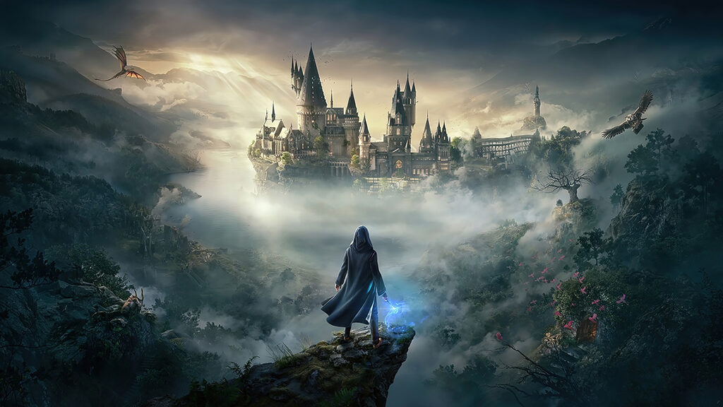 Person standing on a cliff looking at a castle Person standing on a cliff looking at a castle