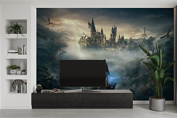 Person standing on a cliff looking at a castle Person standing on a cliff looking at a castle