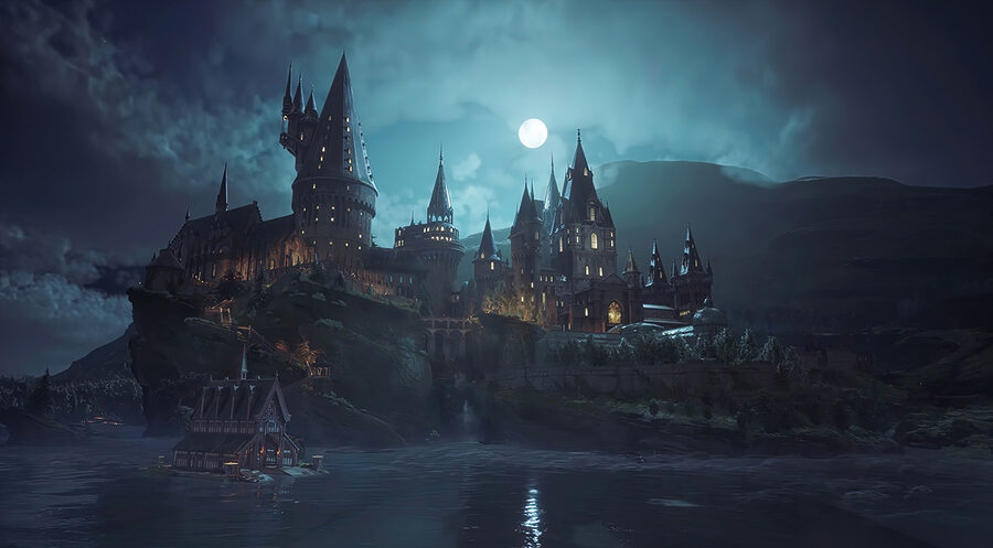 Castle on a hill with a moon in the sky