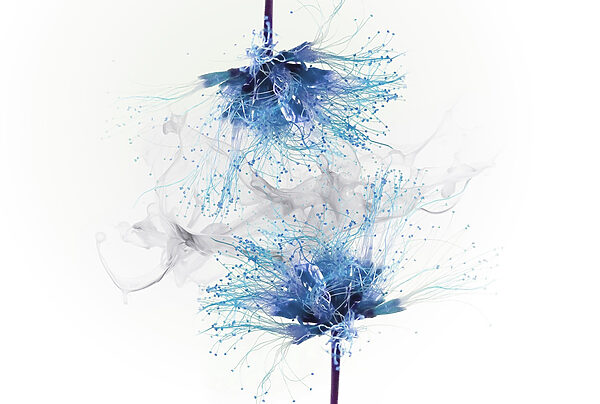 Blue flowers with white ink in the air Blue flowers with white ink in the air