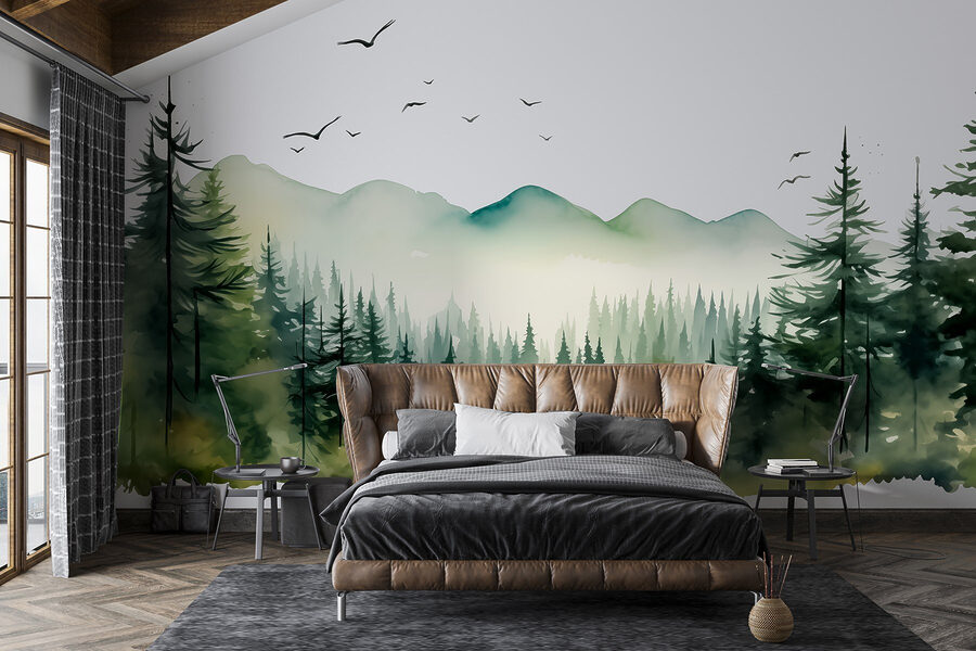 Watercolor of a forest and mountains Watercolor of a forest and mountains