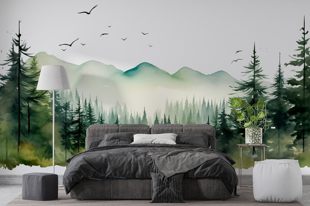 Watercolor of a forest and mountains Watercolor of a forest and mountains