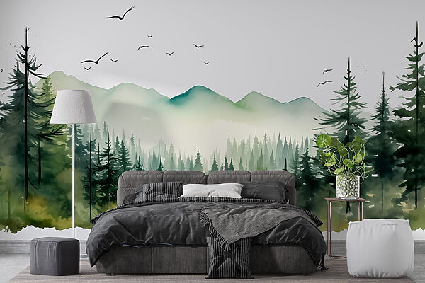 Watercolor of a forest and mountains Watercolor of a forest and mountains