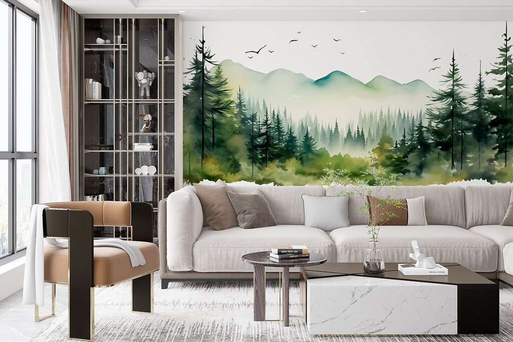 Watercolor of a forest and mountains Watercolor of a forest and mountains