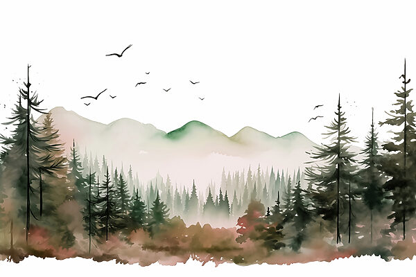 Watercolor painting of a forest and mountains Watercolor painting of a forest and mountains