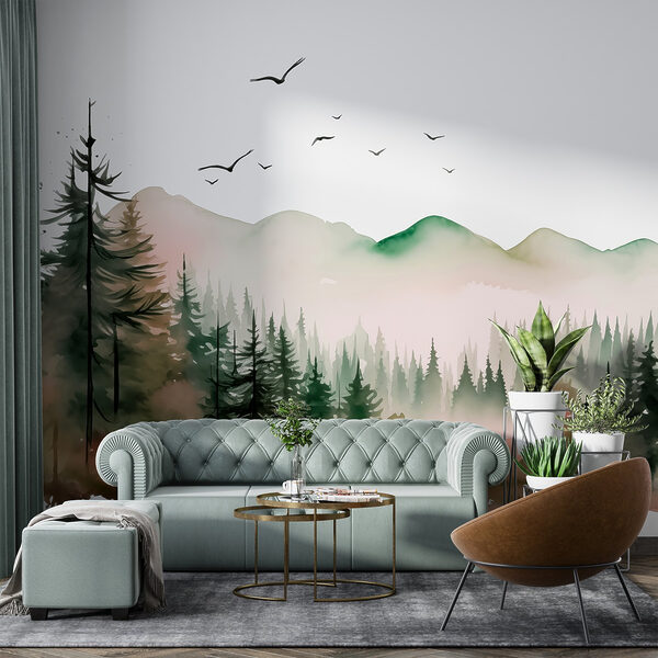 Watercolor painting of a forest and mountains Watercolor painting of a forest and mountains
