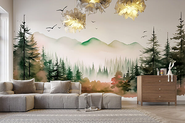 Watercolor painting of a forest and mountains Watercolor painting of a forest and mountains