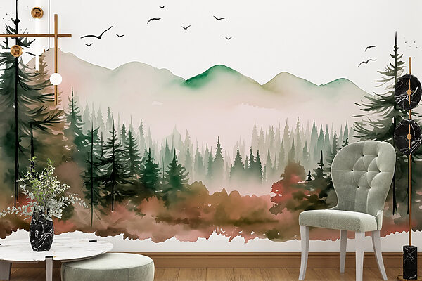 Watercolor painting of a forest and mountains Watercolor painting of a forest and mountains
