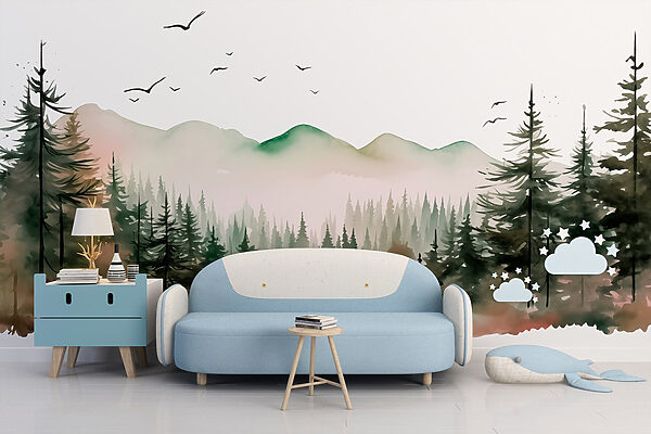 Watercolor painting of a forest and mountains Watercolor painting of a forest and mountains