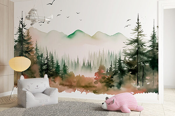 Watercolor painting of a forest and mountains Watercolor painting of a forest and mountains