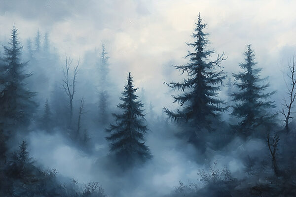 Foggy forest with trees Foggy forest with trees