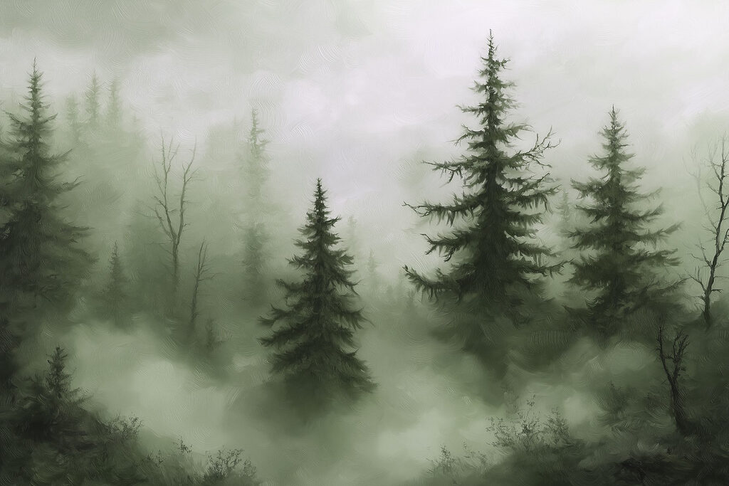 Foggy forest with trees Foggy forest with trees