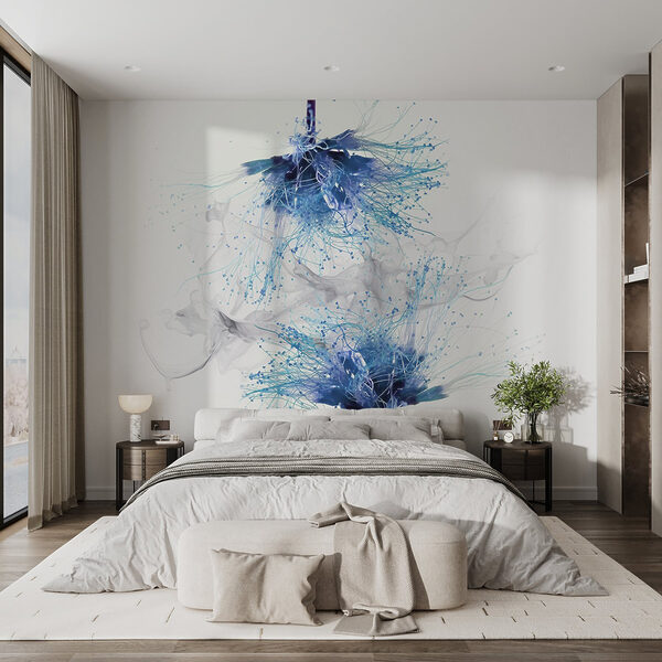 Blue flowers with white ink in the air Blue flowers with white ink in the air