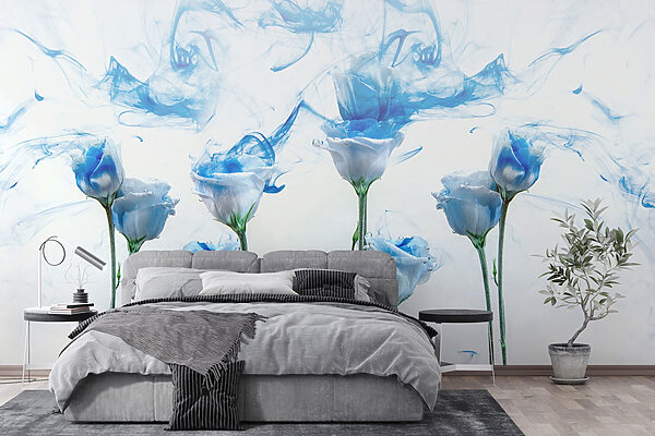 Group of flowers with blue ink in water Group of flowers with blue ink in water