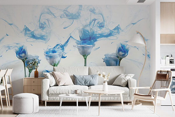 Group of flowers with blue ink in water Group of flowers with blue ink in water