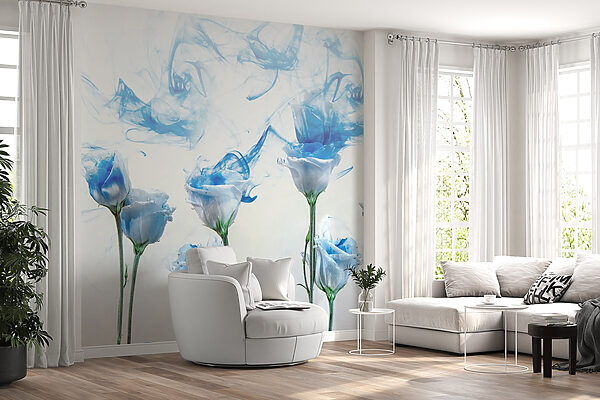Group of flowers with blue ink in water Group of flowers with blue ink in water