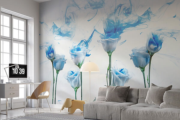 Group of flowers with blue ink in water Group of flowers with blue ink in water