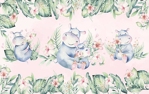 Seamless pattern of watercolor hippos and flowers Seamless pattern of watercolor hippos and flowers