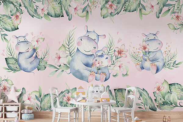 Seamless pattern of watercolor hippos and flowers Seamless pattern of watercolor hippos and flowers