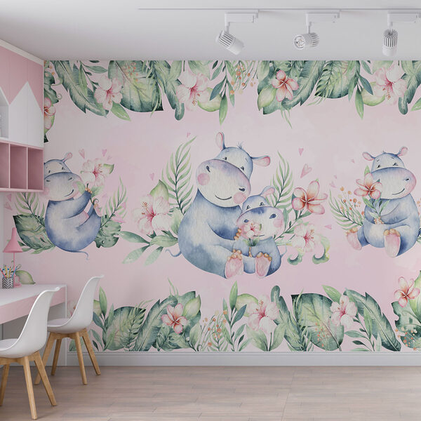 Seamless pattern of watercolor hippos and flowers Seamless pattern of watercolor hippos and flowers