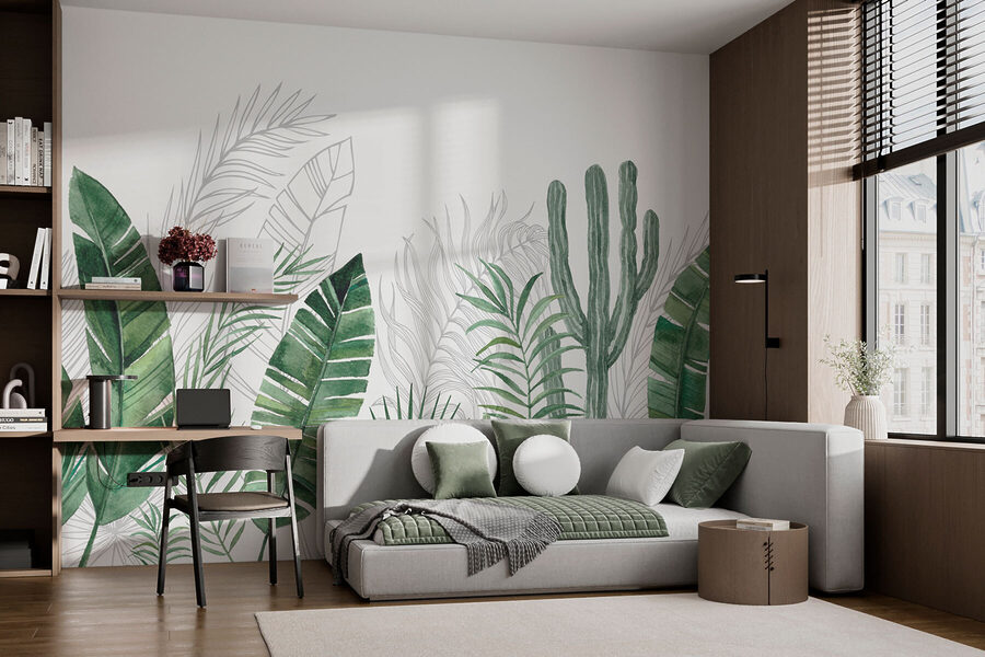 Group of green leaves and cactuses Group of green leaves and cactuses