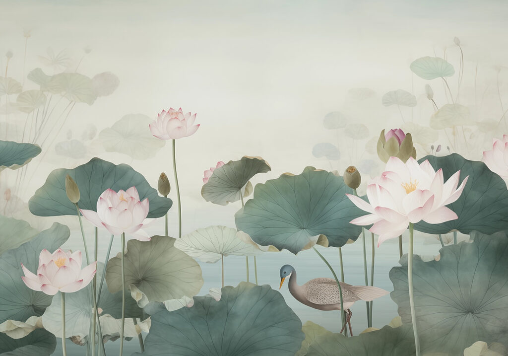 Duck in a pond with lotus flowers Duck in a pond with lotus flowers