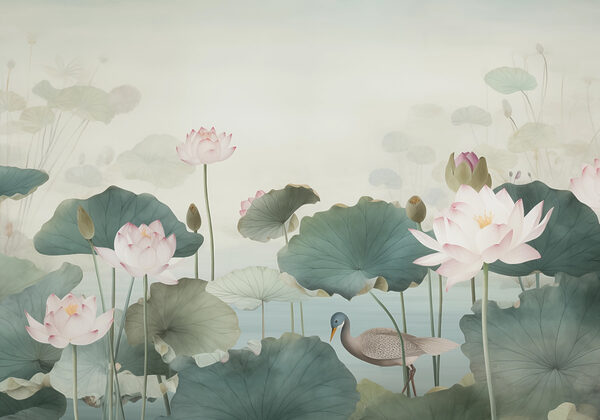 Duck in a pond with lotus flowers Duck in a pond with lotus flowers