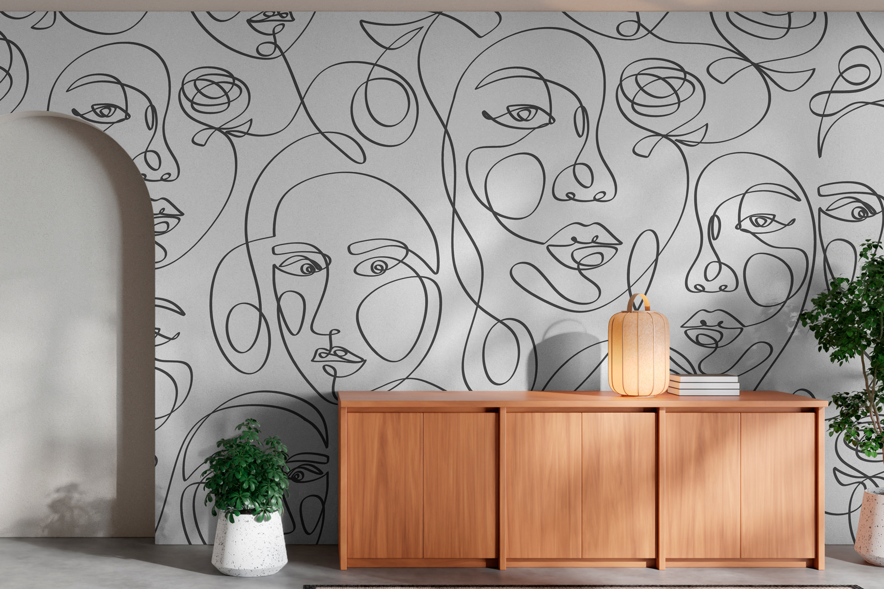 Pattern of faces drawn with black lines