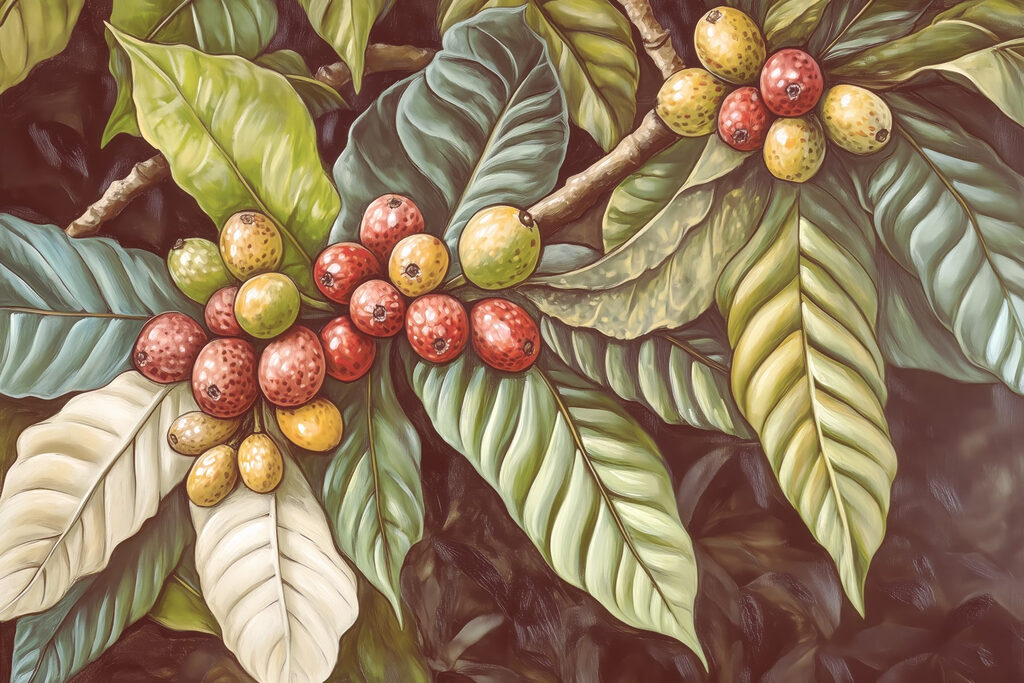 Lush leaves with vibrant fruit clusters Lush leaves with vibrant fruit clusters