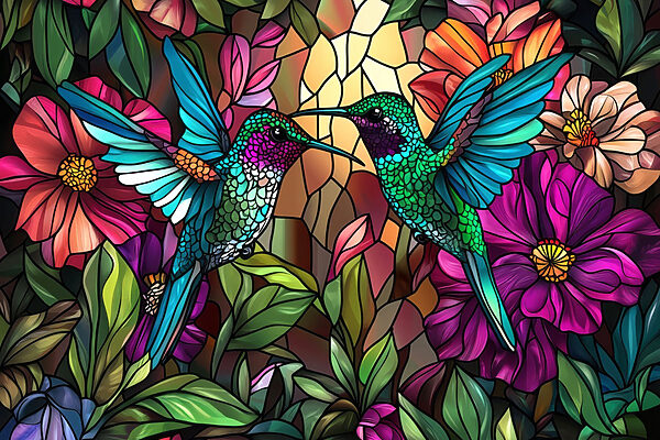 Stained glass window with colorful birds Stained glass window with colorful birds