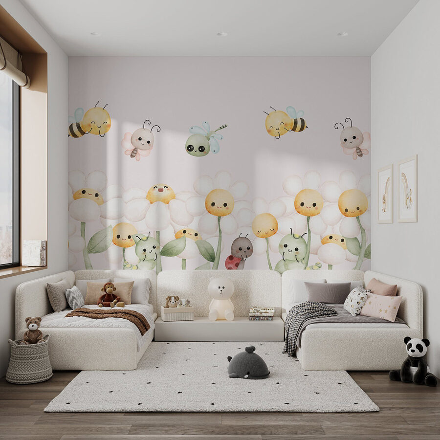 Group of cartoon bugs and flowers