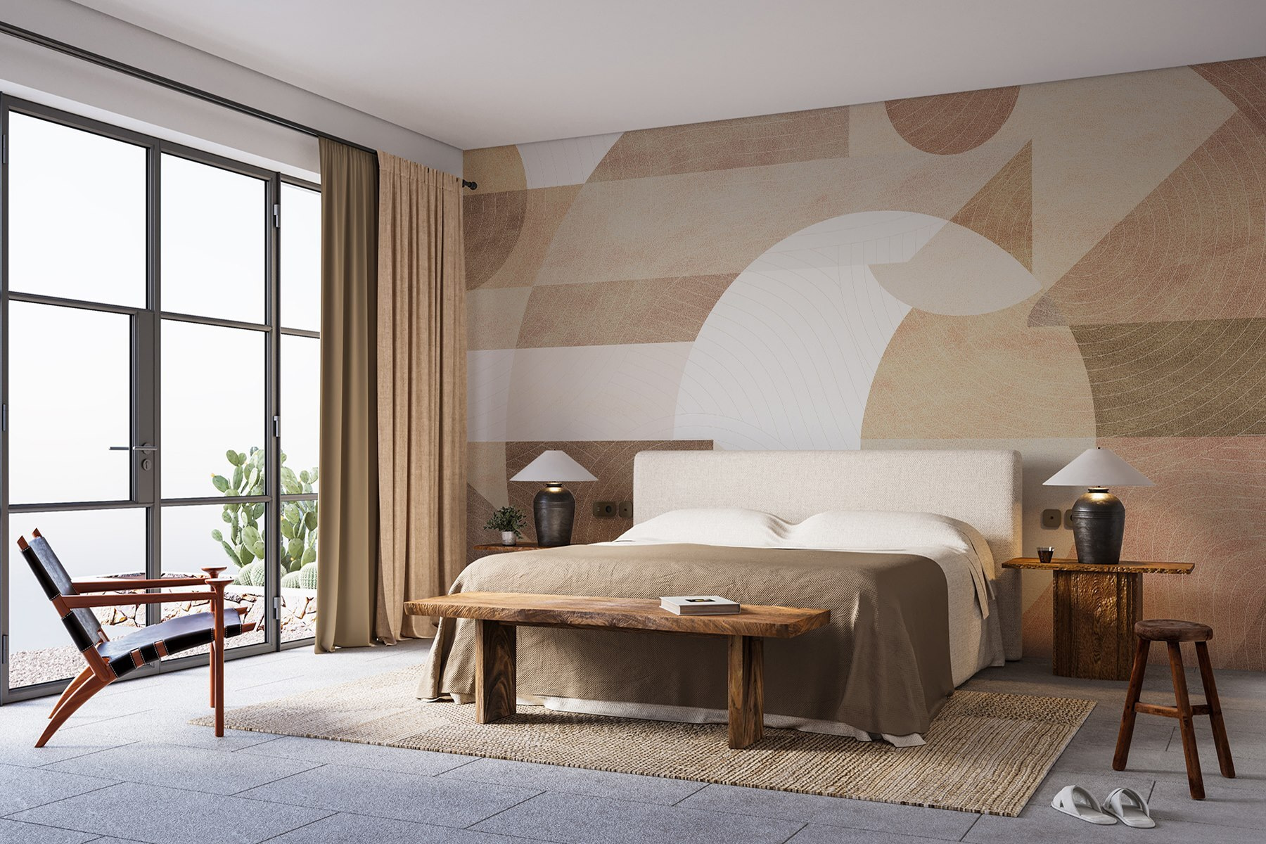 Abstract shapes and muted tones blend.